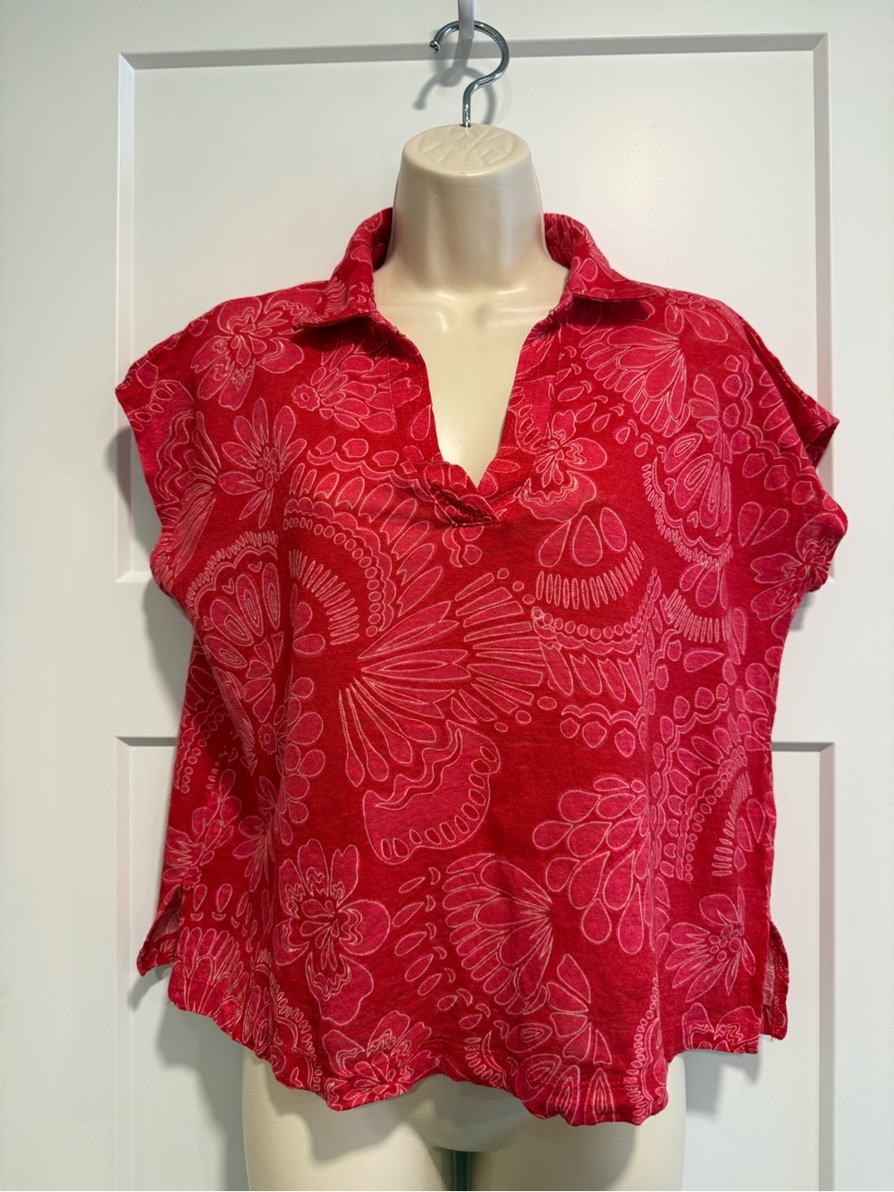 Rachel Zoe Red Floral Linen Blouse Tunic Top Size L Short Sleeve